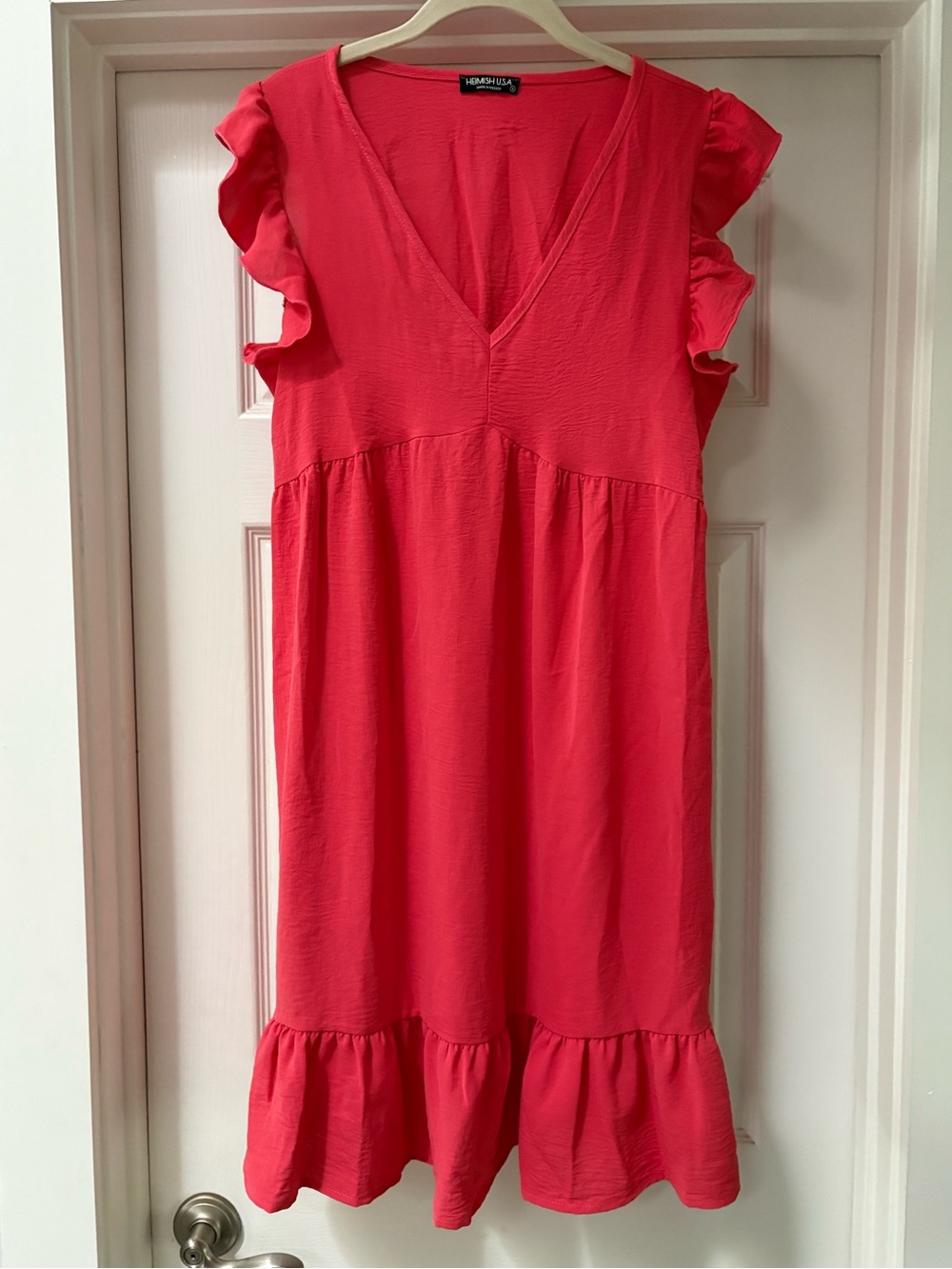 HEIMISH USA Coral Red V-Neck Ruffle Midi Dress